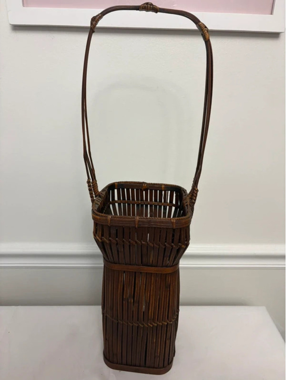 Vintage Asian-Style Bamboo Ikebana Flower Basket Tall Handle Boho Decor